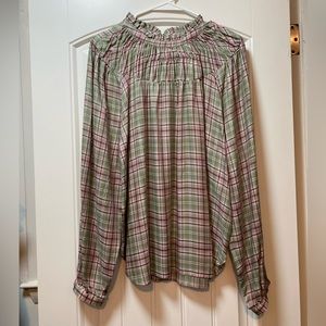 Loft Plaid Ruffle Neck Blouse